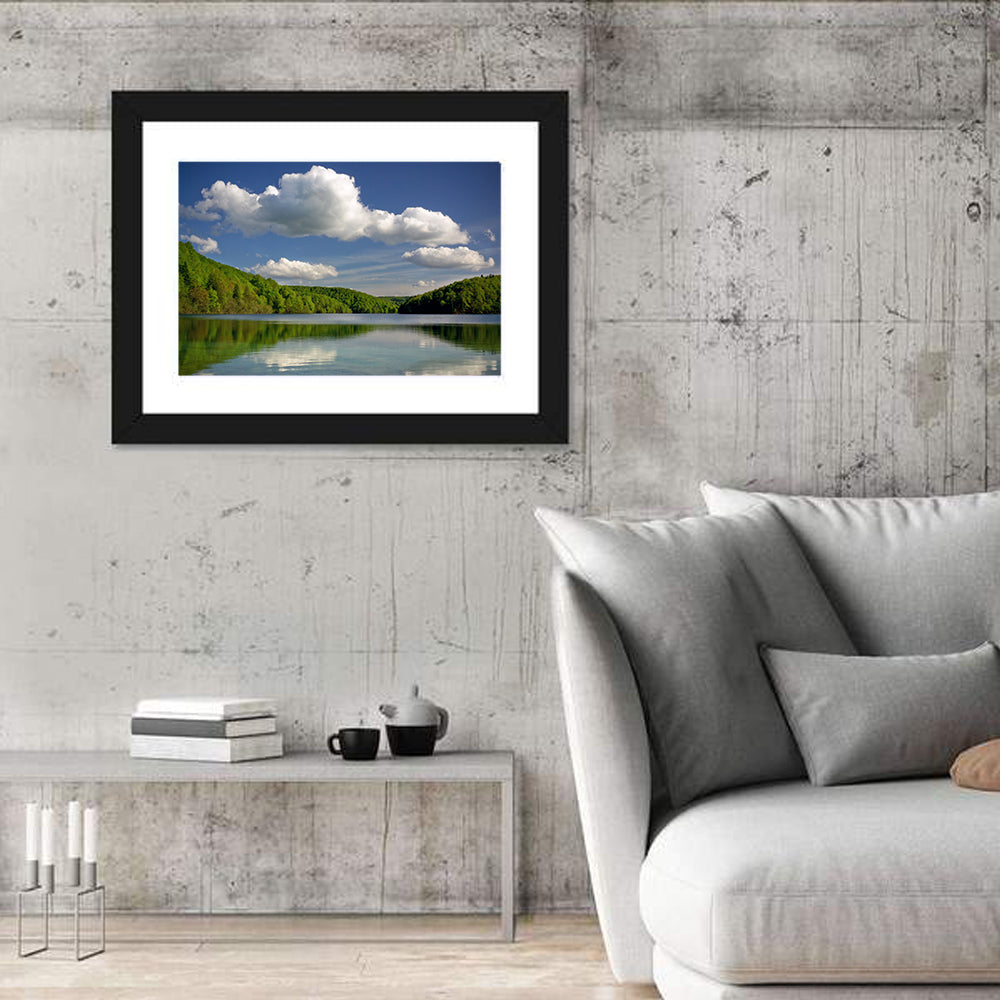 Plitvice Forest Lake Scene Wall Art in a room, landscape
