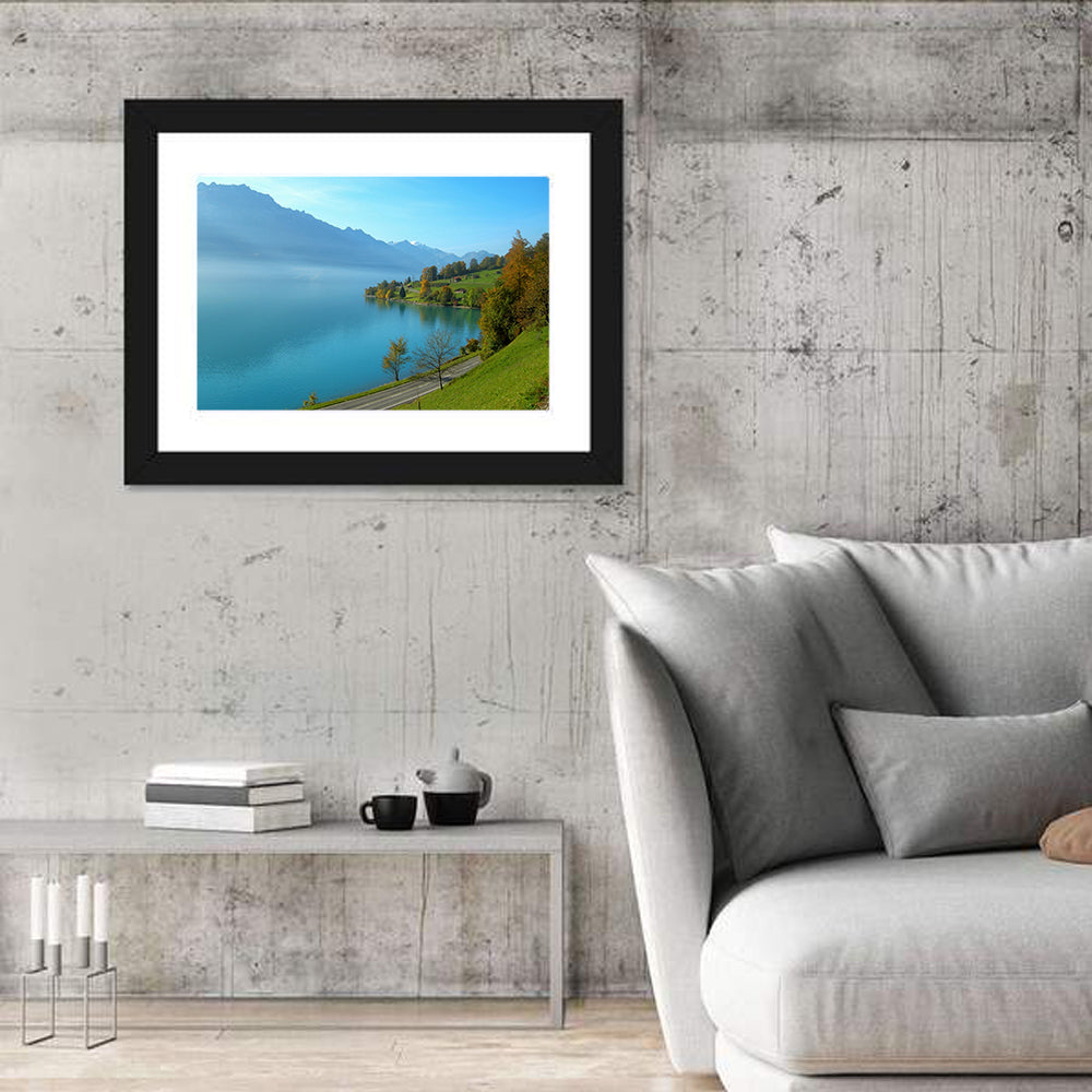 Lake Brienz Misty Shoreline Wall Art in a room, landscape