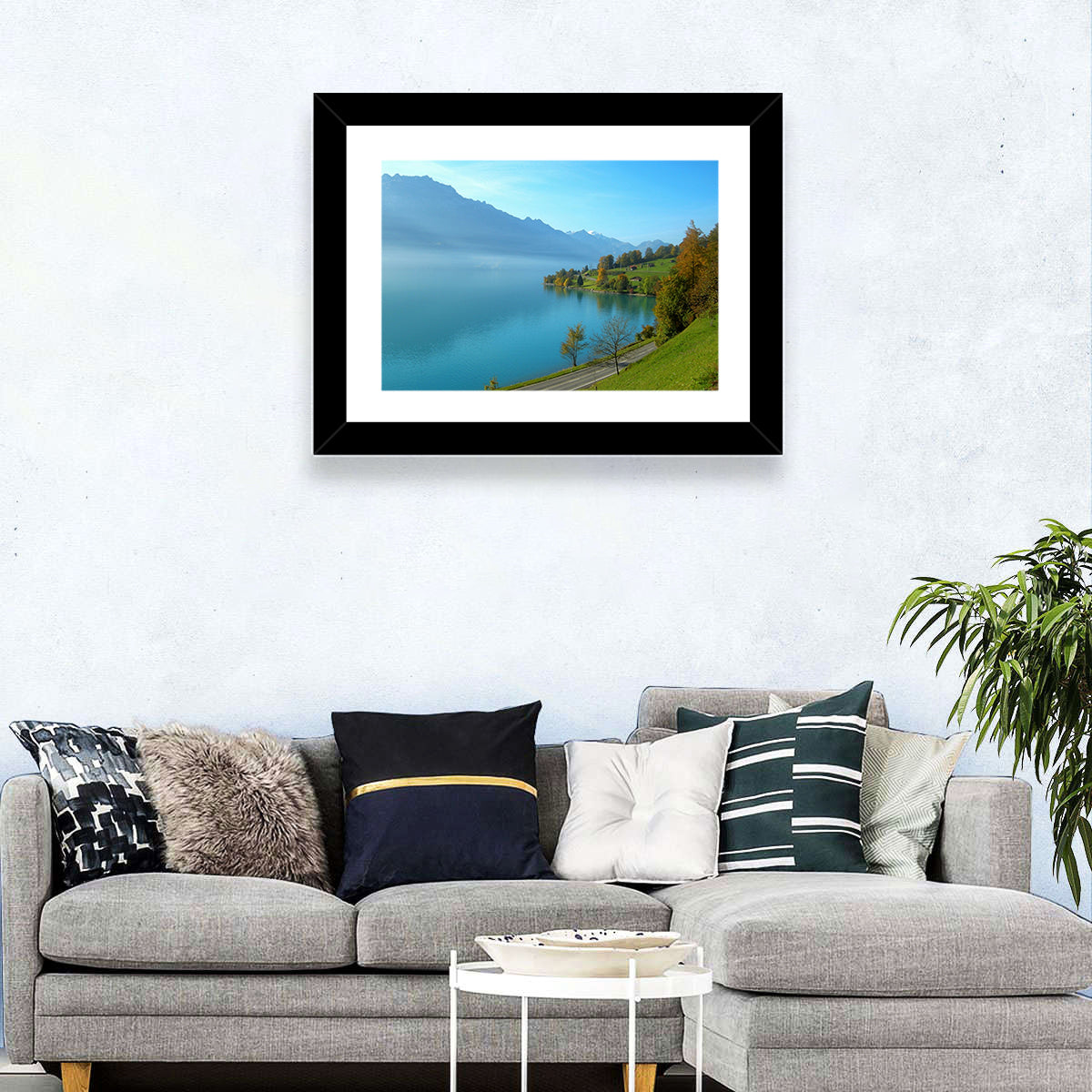 Lake Brienz Misty Shoreline Wall Art in a room, landscape