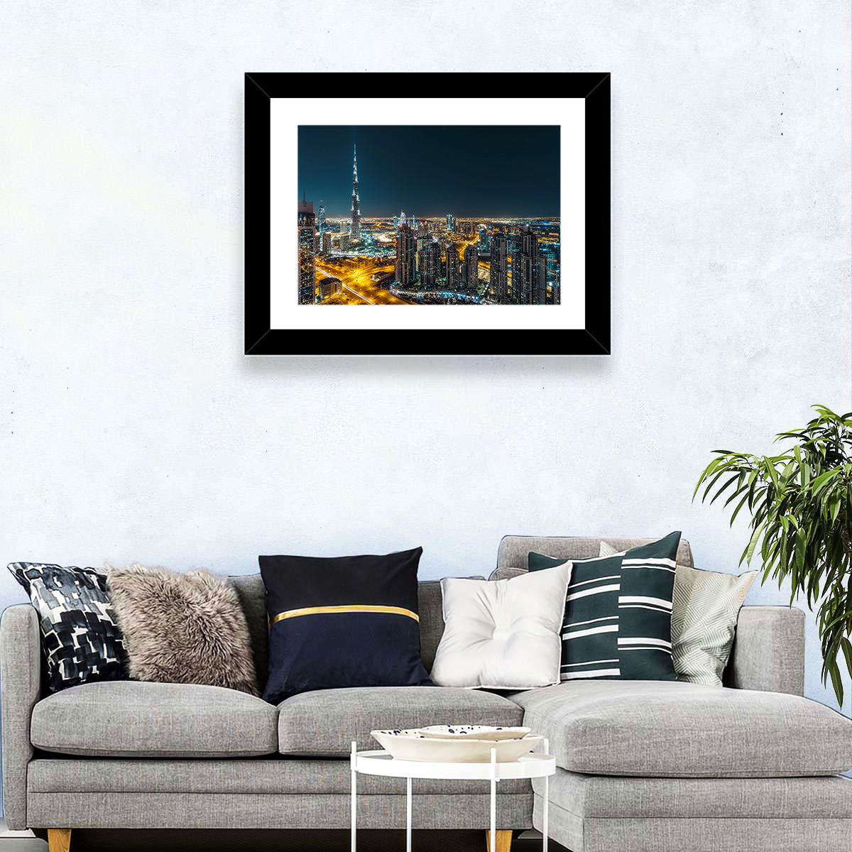 Dubai Night Skyline with Burj Khalifa Wall Art in a room, landscape