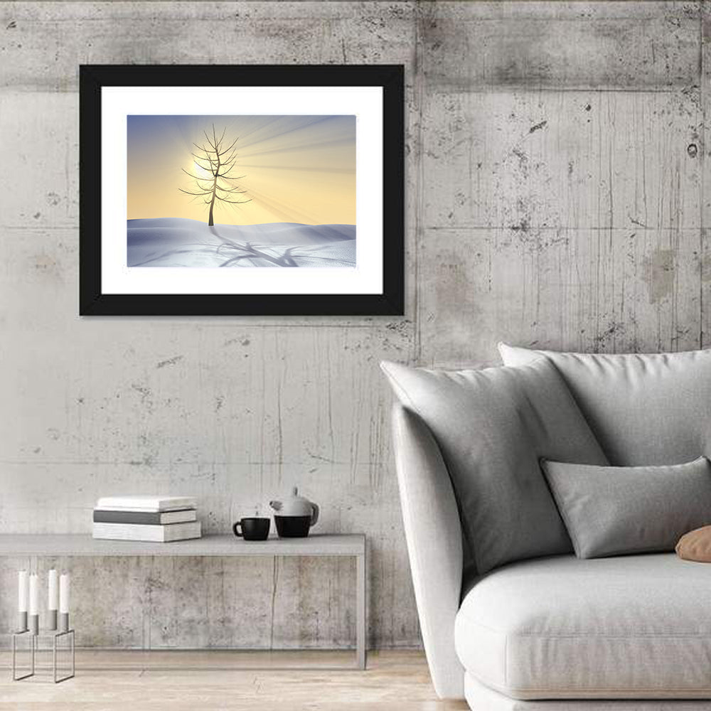 Winter Tree at Golden Sunrise Wall Art in a room, landscape