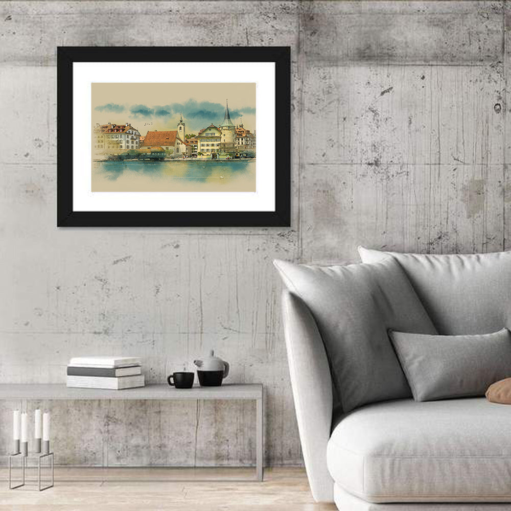 Lucerne Waterfront Sketch Wall Art in a room, landscape