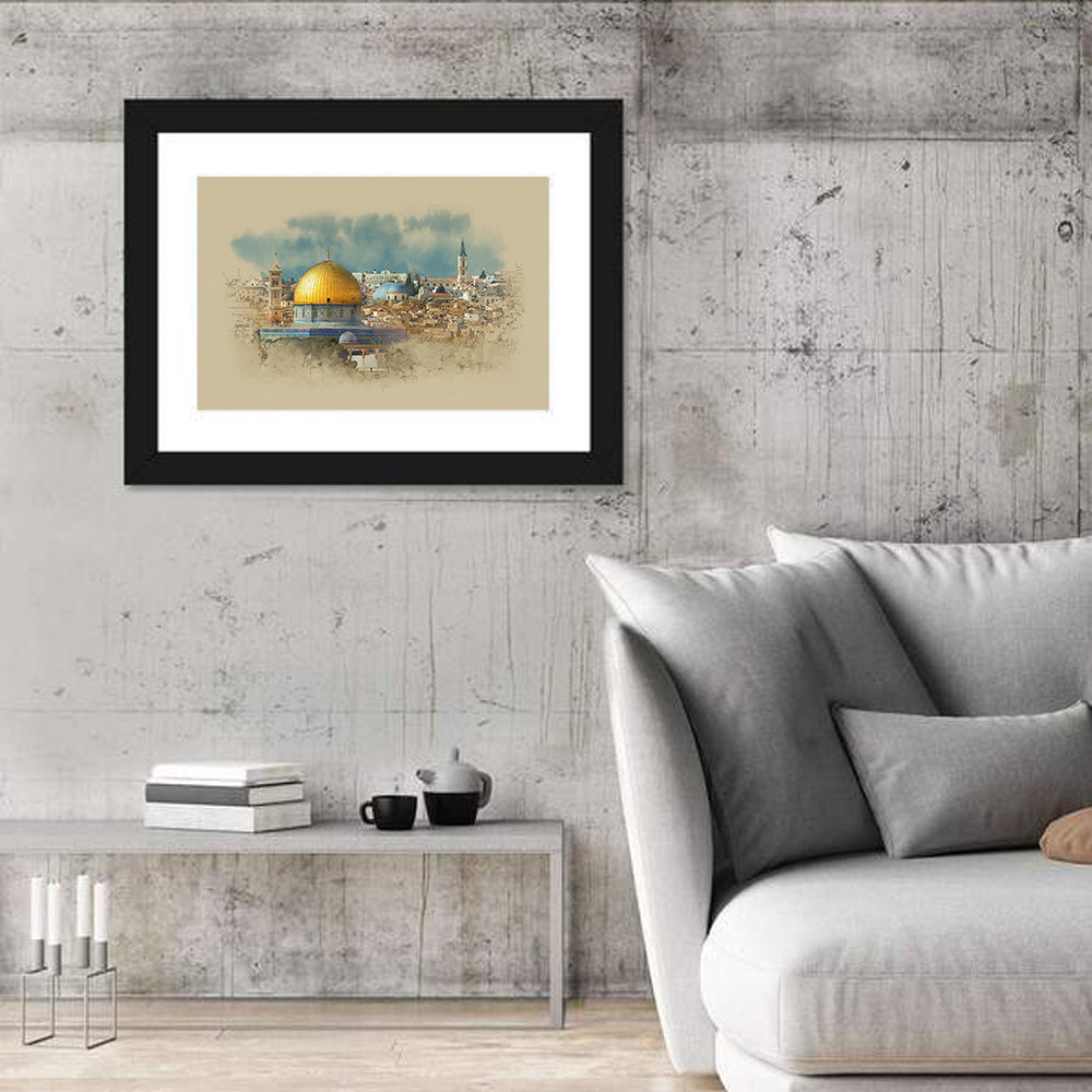 Dome of the Rock Watercolor Study Wall Art in a room, landscape