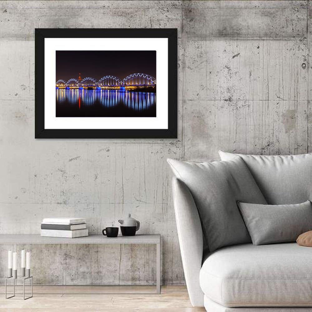 Riga Railway Bridge Nightscape Wall Art in a room, landscape