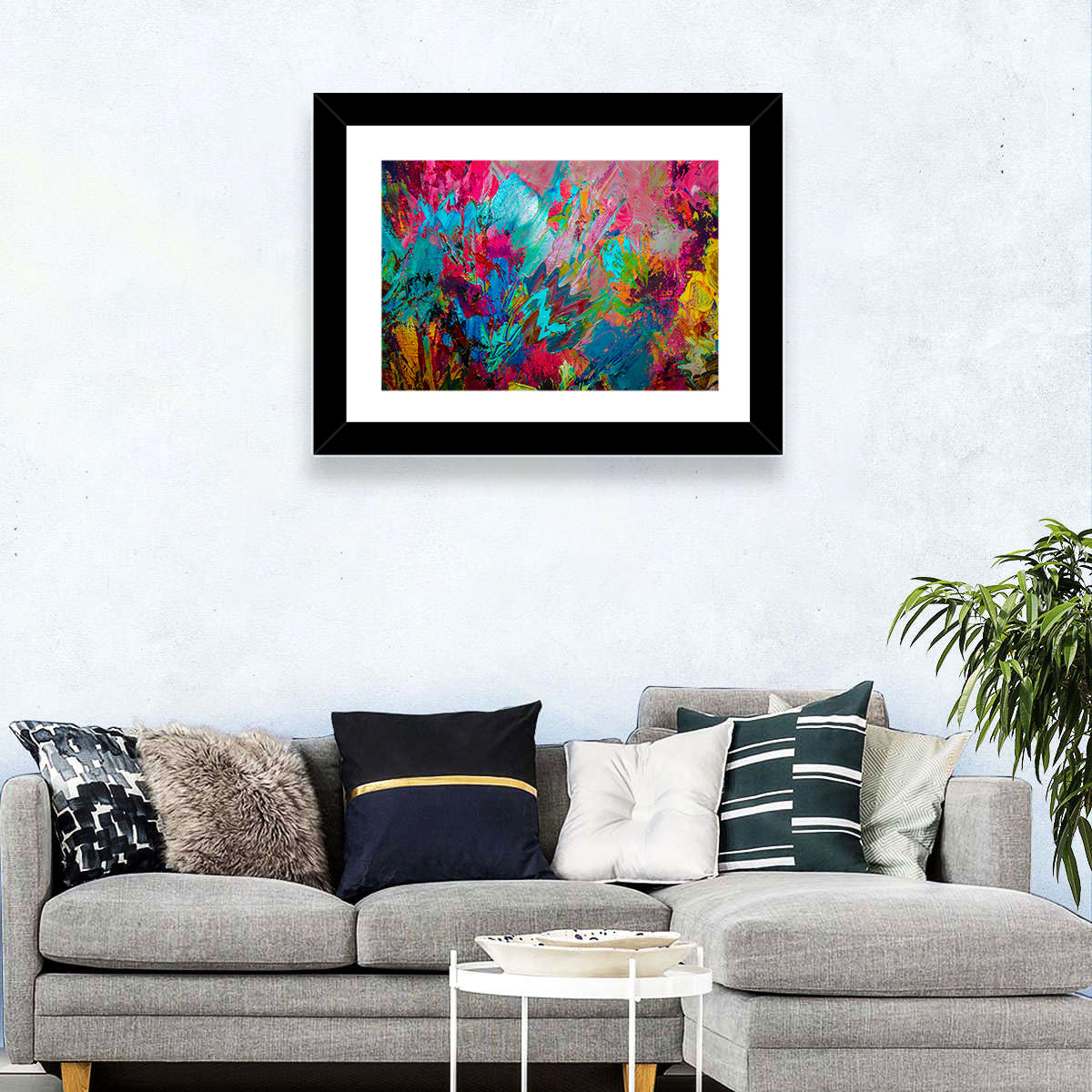 Vibrant Impasto Color Burst Abstract Wall Art in a room, landscape