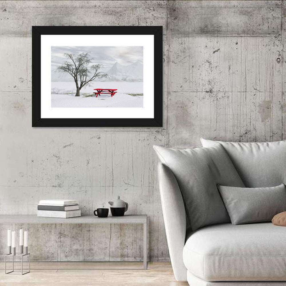 Red Picnic Table in Winter Park Wall Art in a room, landscape