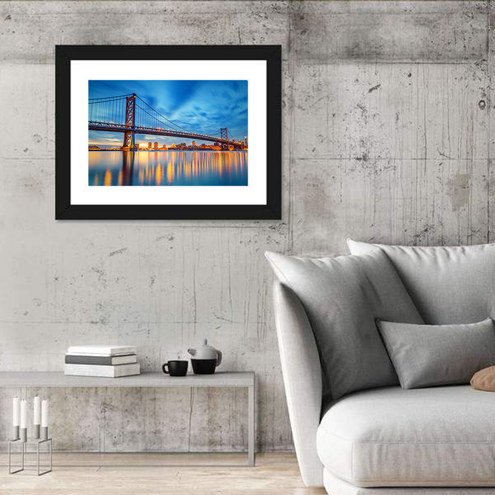 Benjamin Franklin Bridge Twilight Wall Art in a room, landscape