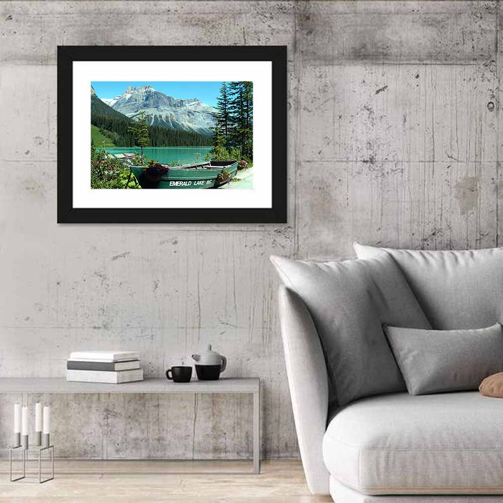 Green Rowboat at Emerald Lake Wall Art in a room, landscape