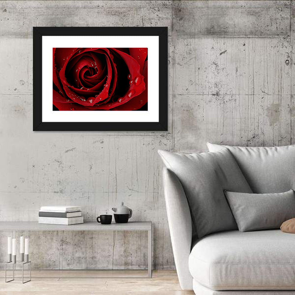 Red Rose with Dew Drops Wall Art in a room, landscape
