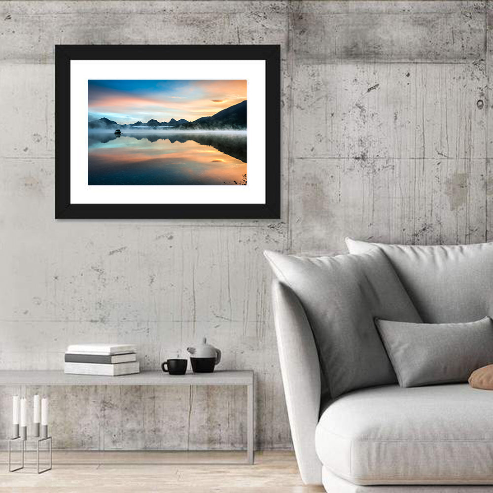 Lake Mcdonald Dawn Mist Wall Art in a room, landscape