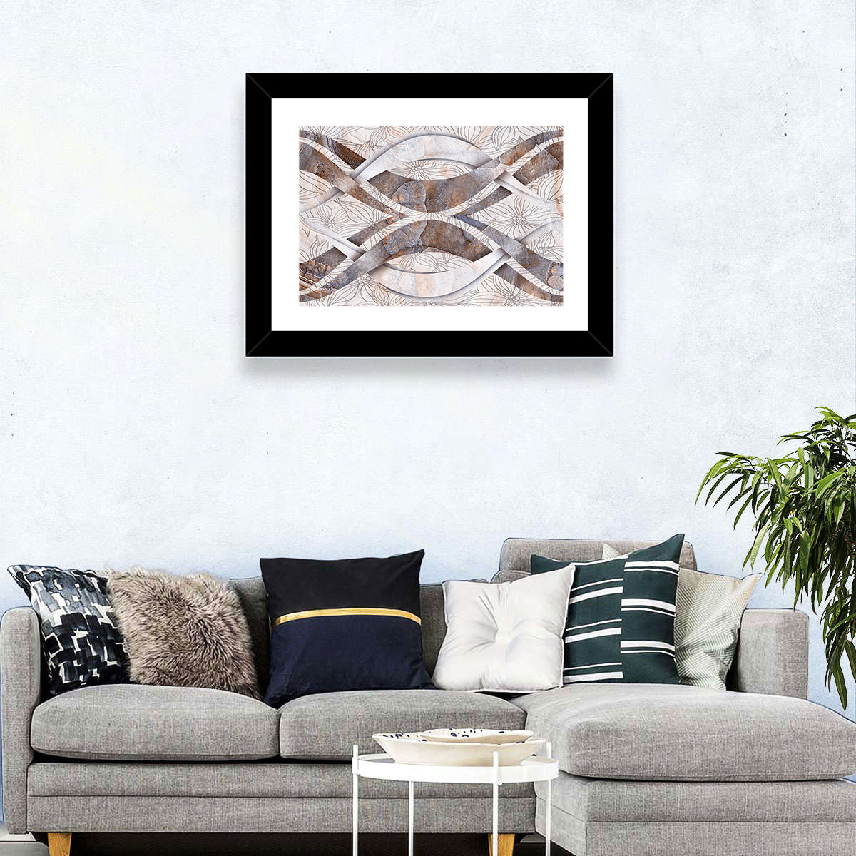 Waving Stone with Line Flowers Wall Art in a room, landscape