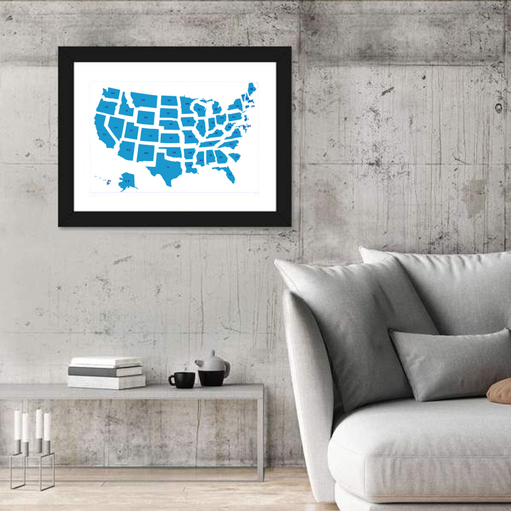 Blue Minimalist USA Map Wall Art in a room, landscape