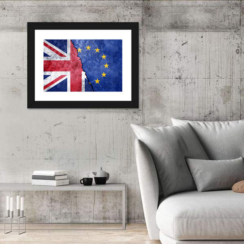 Divided Union Jack and Eu Flag Wall Art in a room, landscape