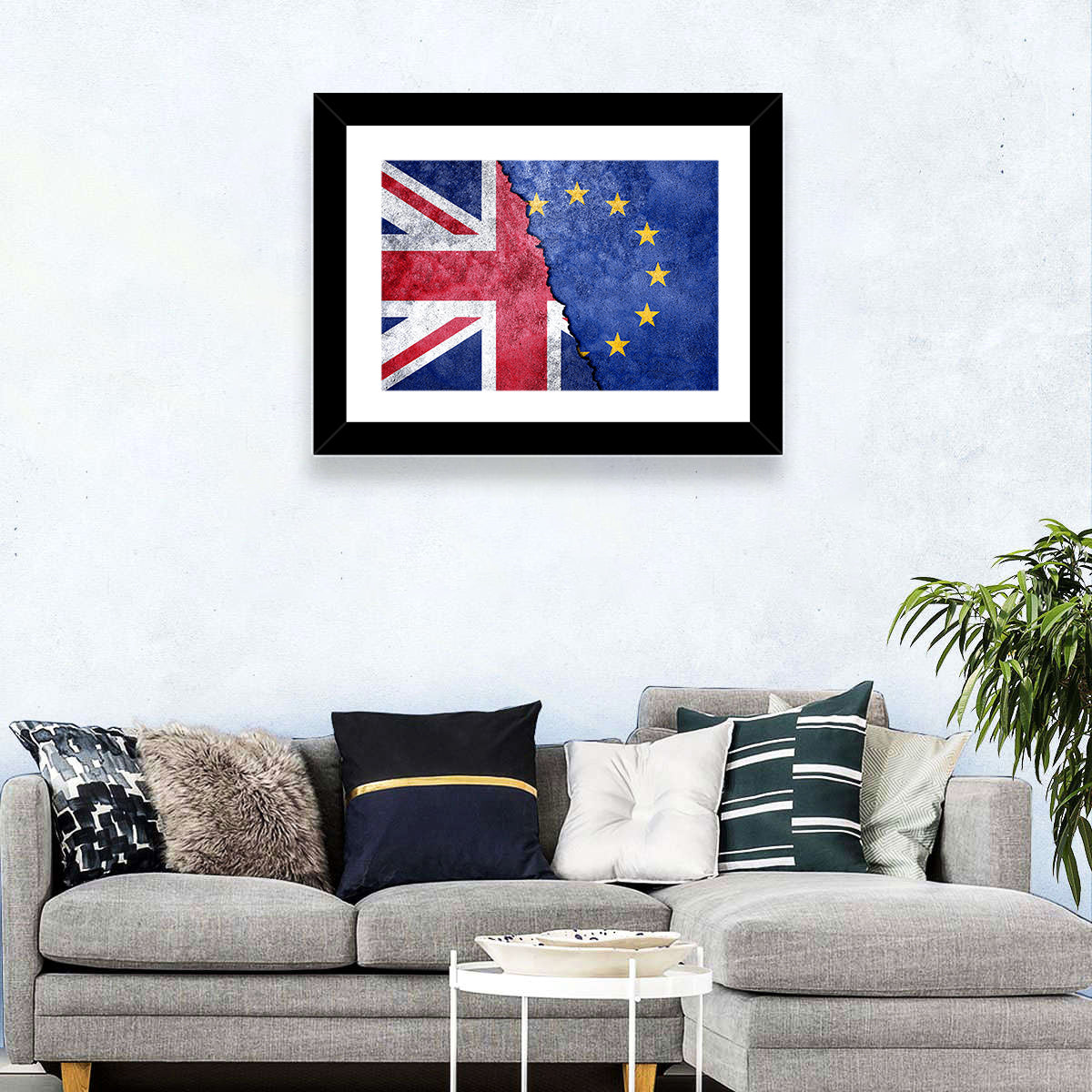 Divided Union Jack and Eu Flag Wall Art in a room, landscape