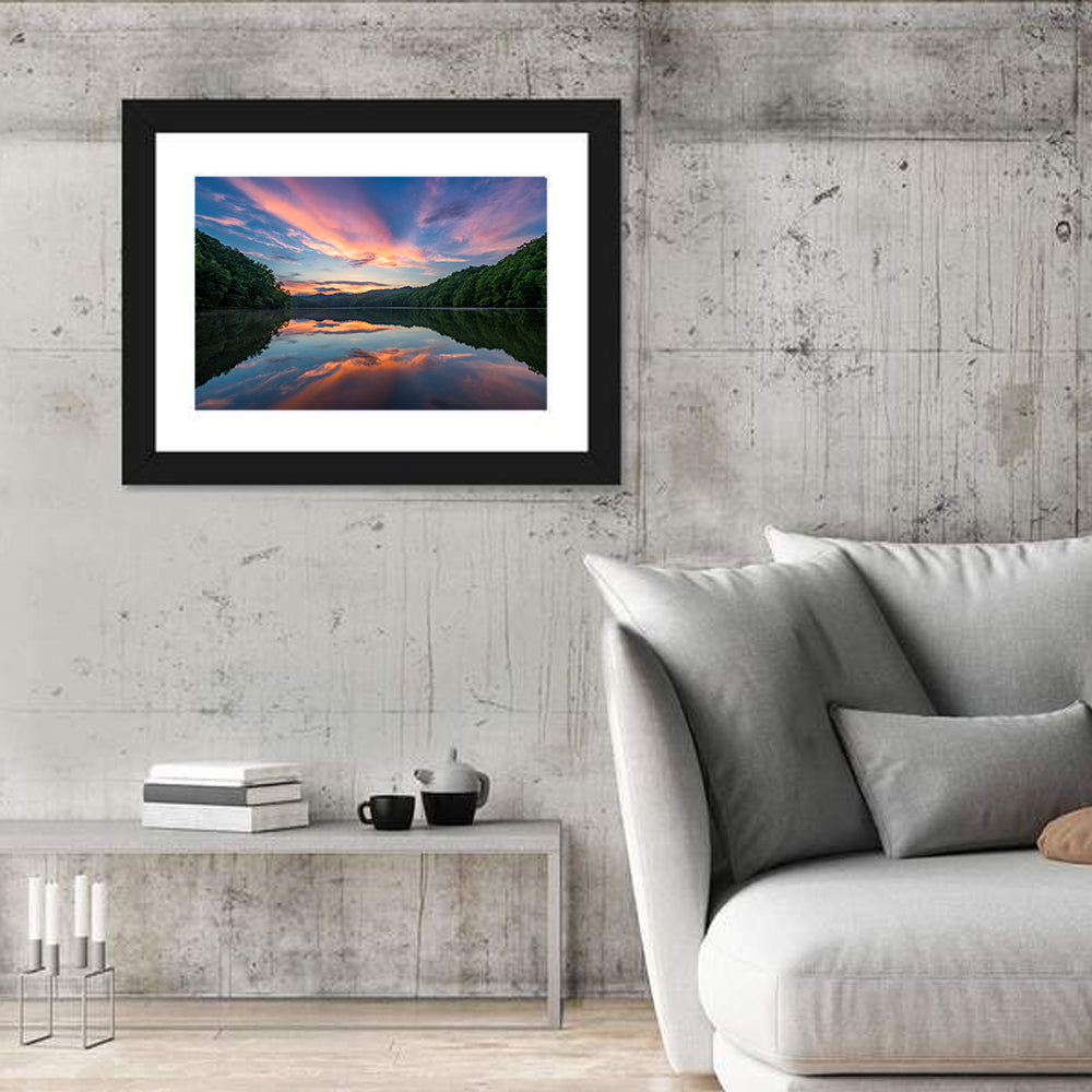 Appalachian Lake Sunset Wall Art in a room, landscape