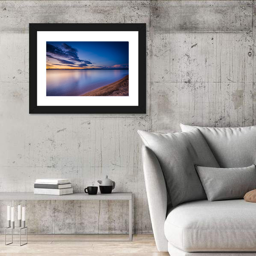 Lake Winnipesaukee Shoreline Sunset Wall Art in a room, landscape