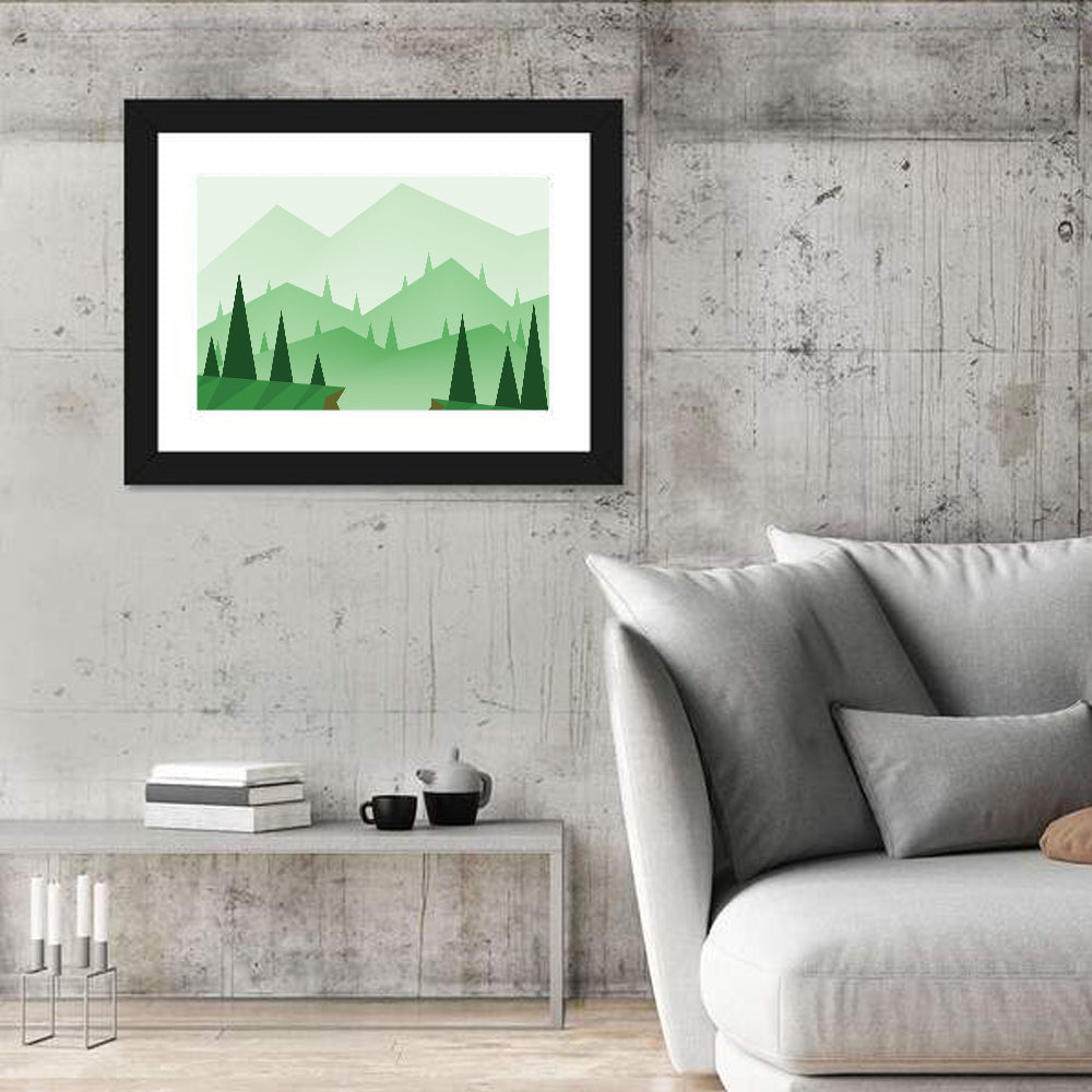 Misty Green Hills Illustration Wall Art in a room, landscape