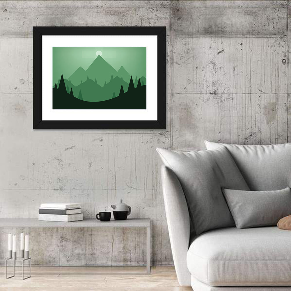 Geometric Mountain Sunset Illustration Wall Art in a room, landscape