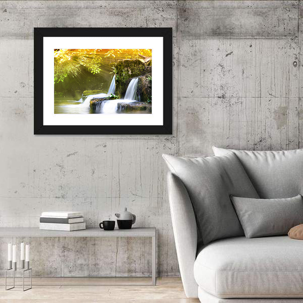 Sunlit Forest Waterfall Wall Art in a room, landscape