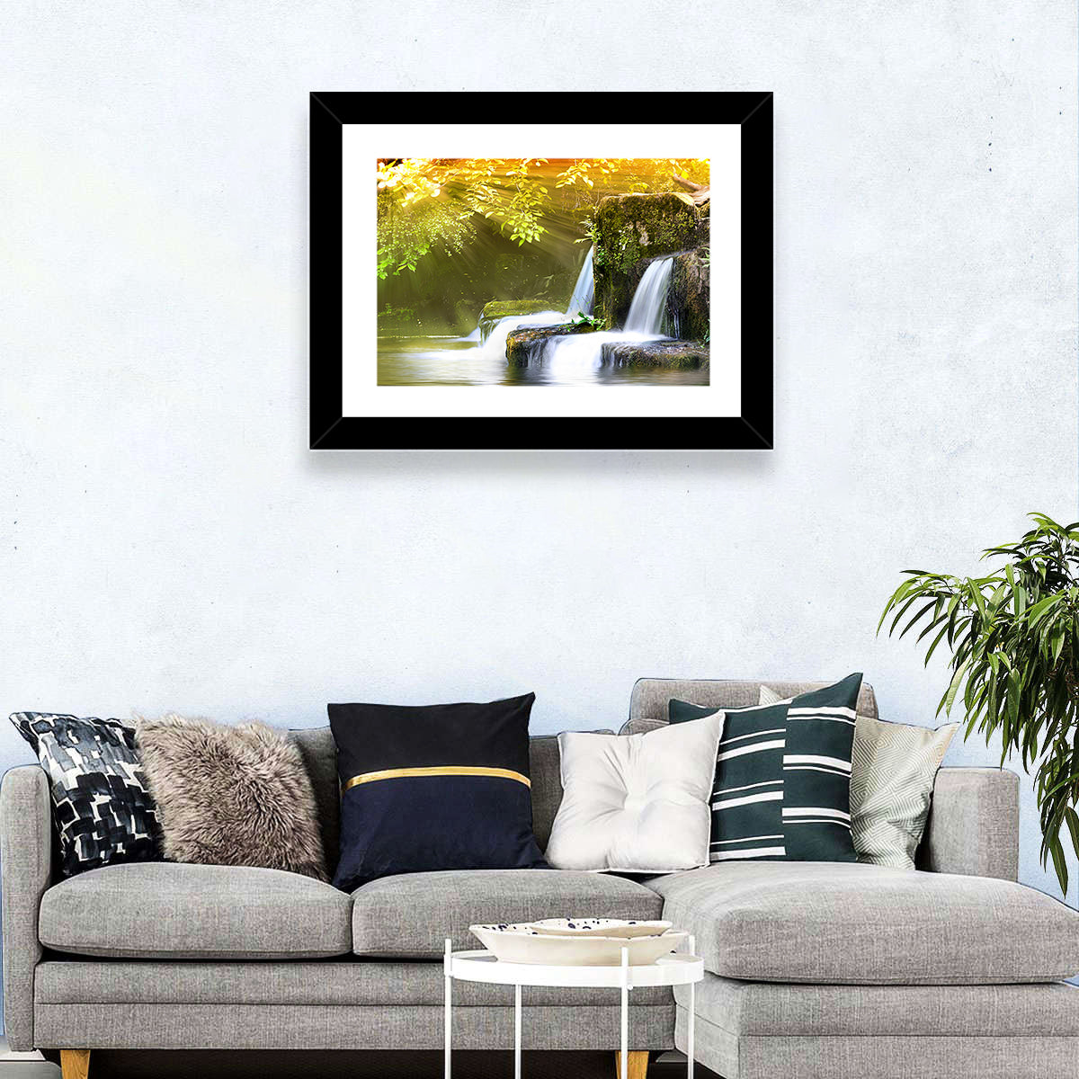 Sunlit Forest Waterfall Wall Art in a room, landscape