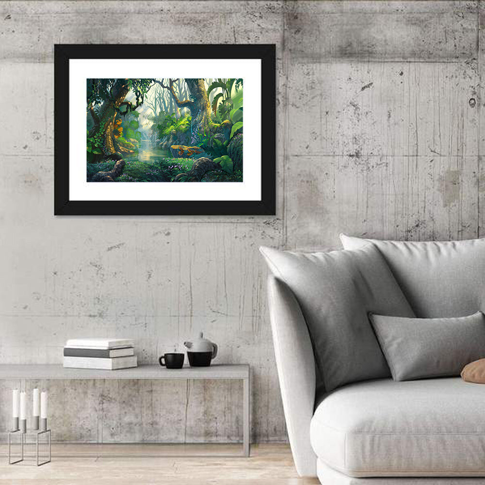 Sunlit Jungle River Wall Art in a room, landscape