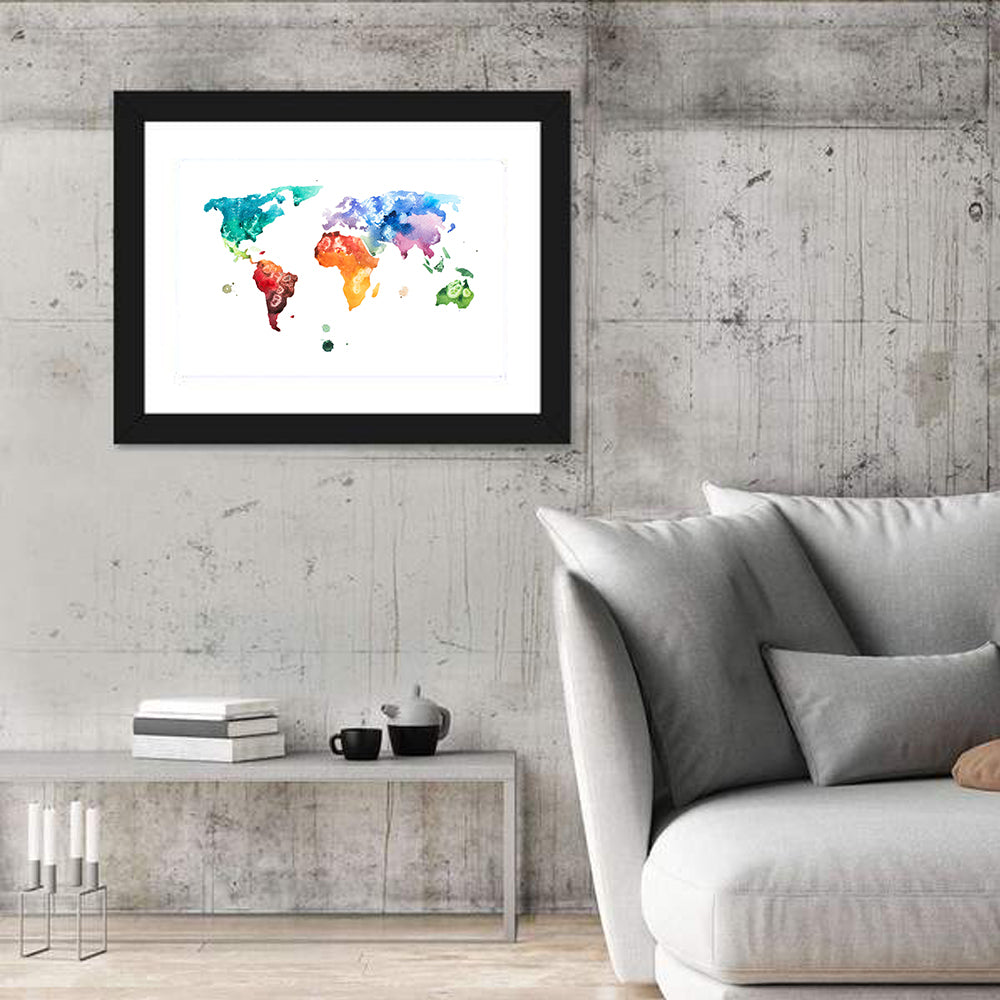 Multicolor Watercolor World Map Wall Art in a room, landscape
