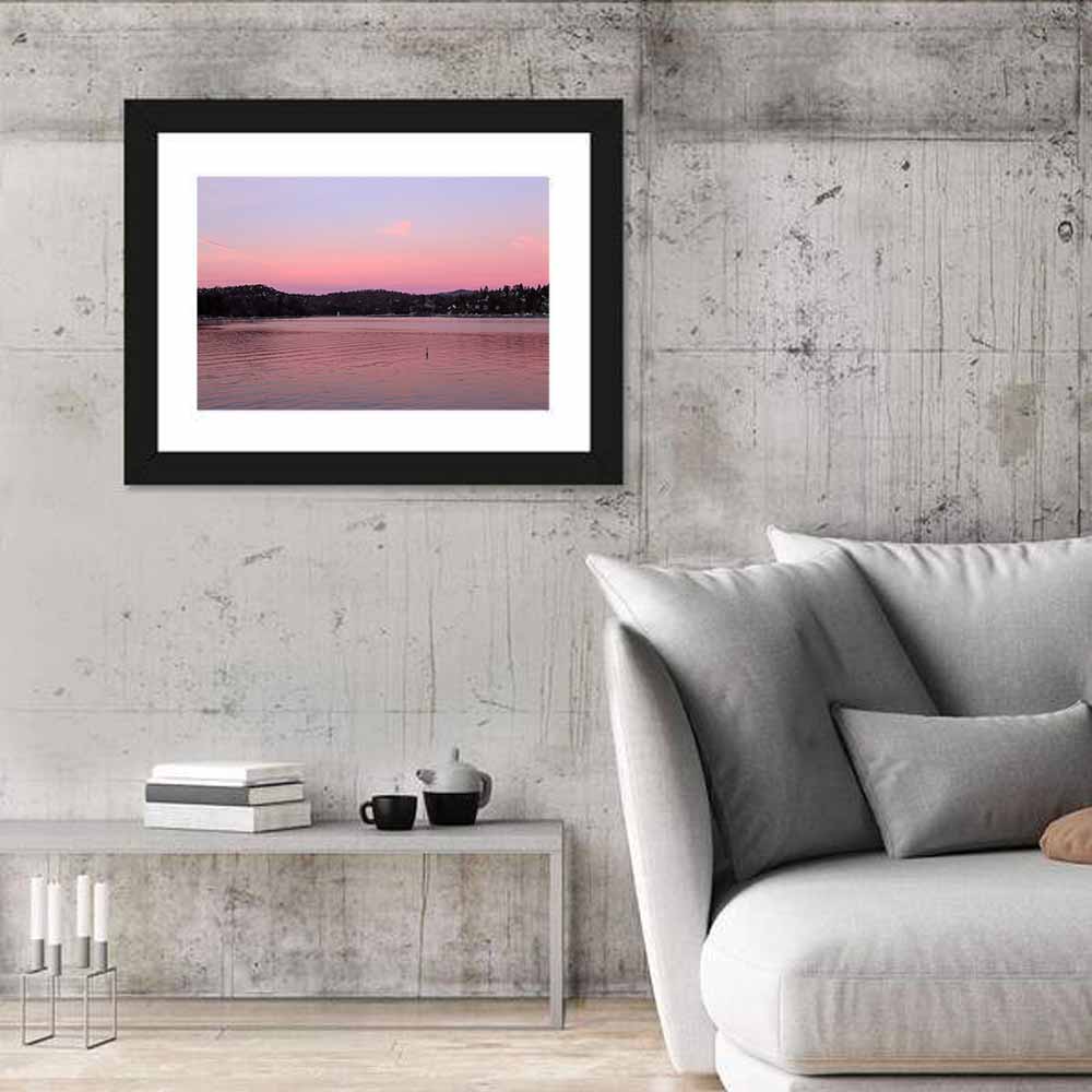 Lake Arrowhead Sunset Reflection Wall Art in a room, landscape