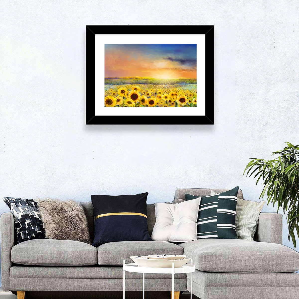 Sunburst Over Sunflower Field Wall Art in a room, landscape