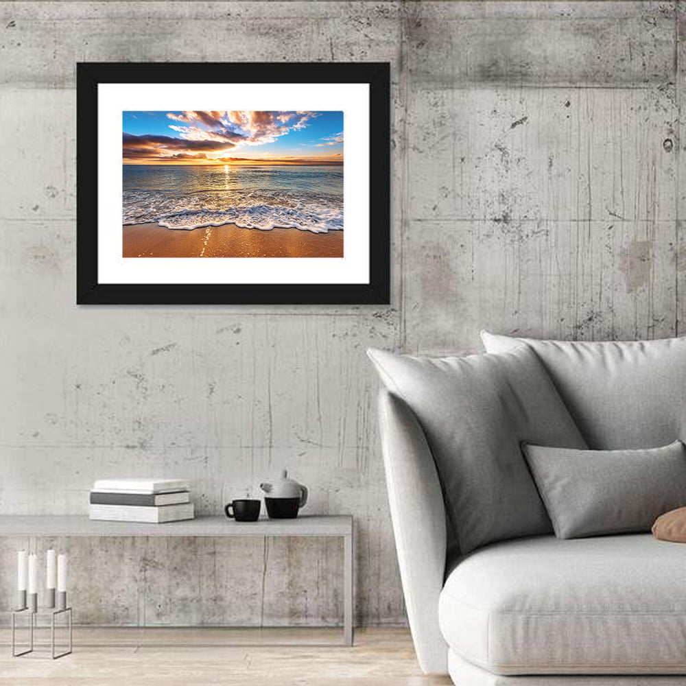 Golden Beach Sunrise Wall Art in a room, landscape