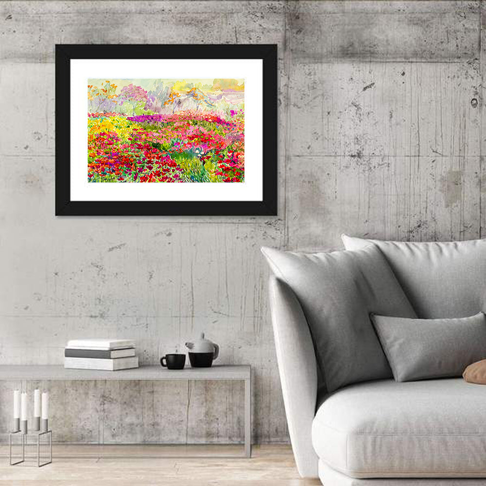 Summer Poppy Meadow Watercolor Wall Art in a room, landscape