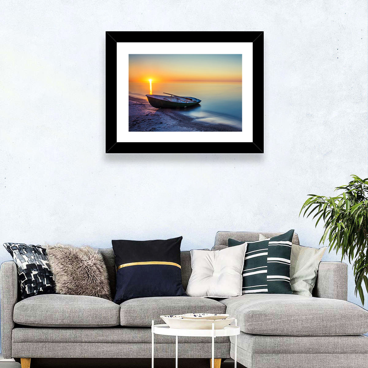 Rowboat Sunrise Seascape Wall Art in a room, landscape