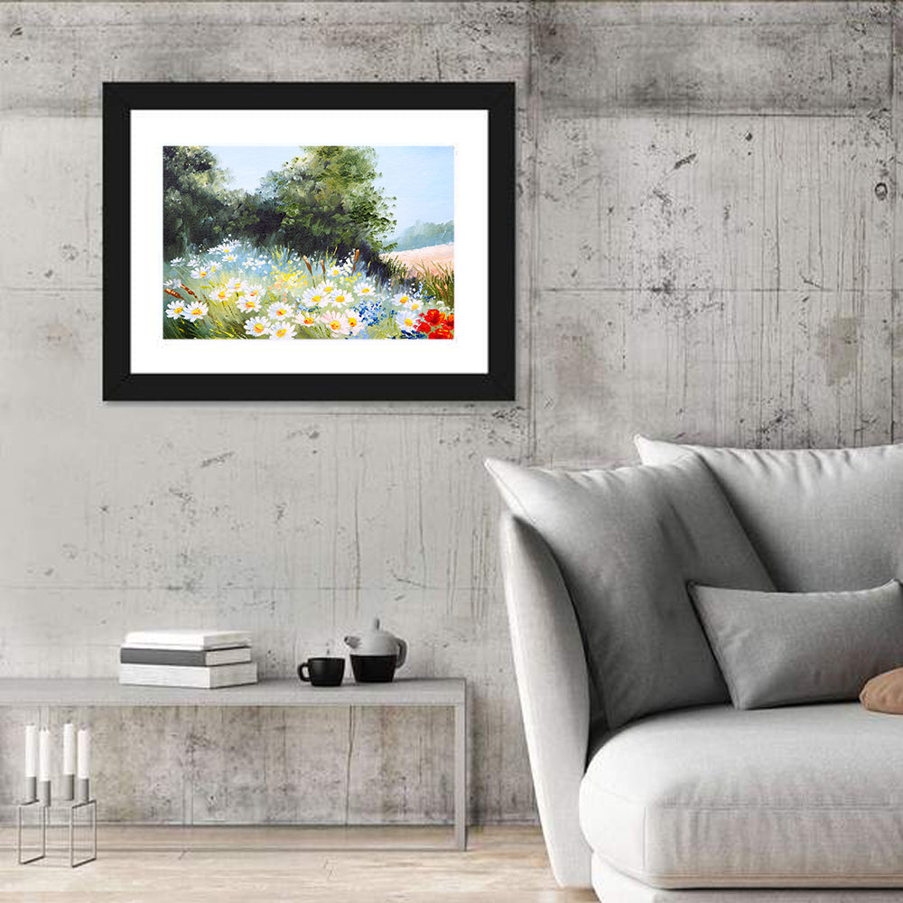 Sunny Daisy Meadow with Red Poppies Wall Art