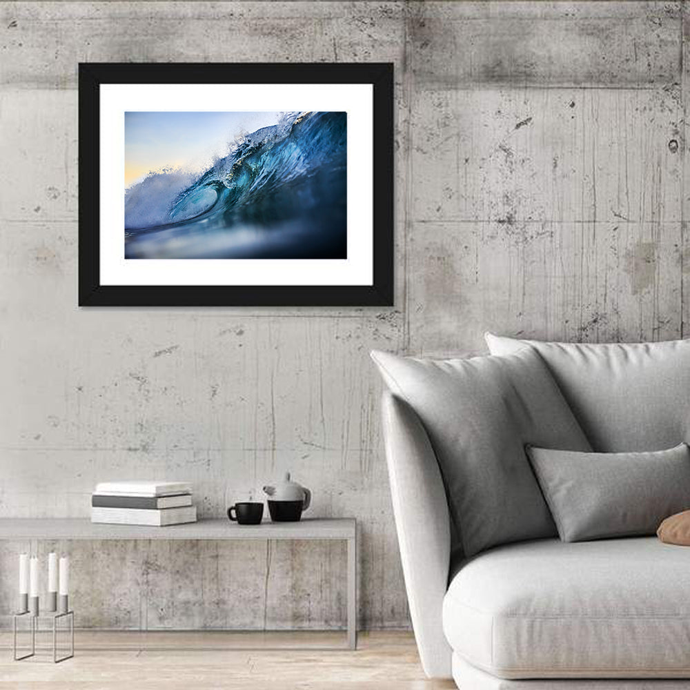 Golden Hour Barrel Wave Wall Art in a room, landscape