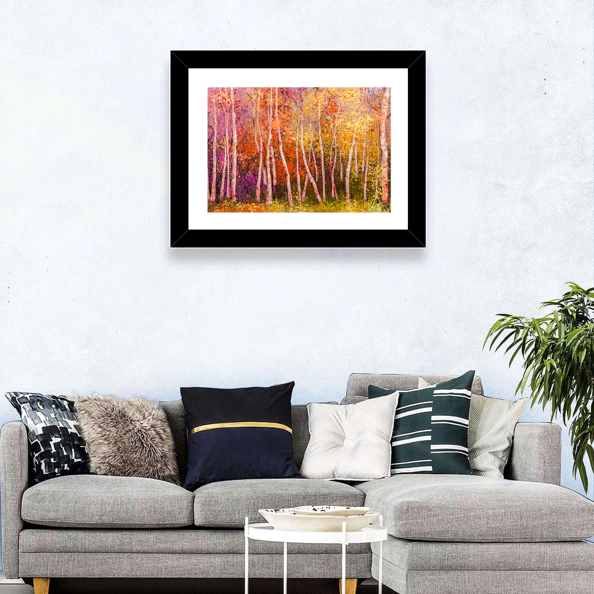 Vibrant Autumn Birch Grove Wall Art in a room, landscape