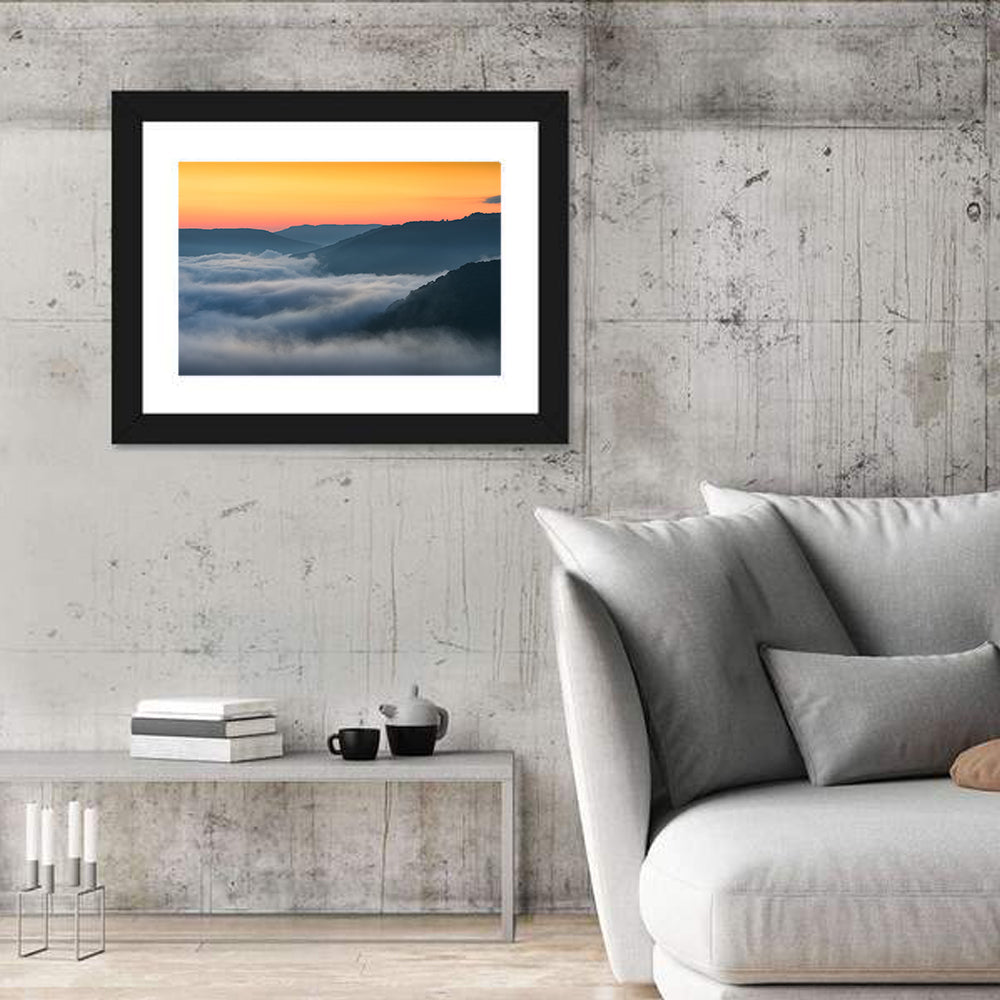 Foggy Mountains West Virginia Wall Art in a room, landscape
