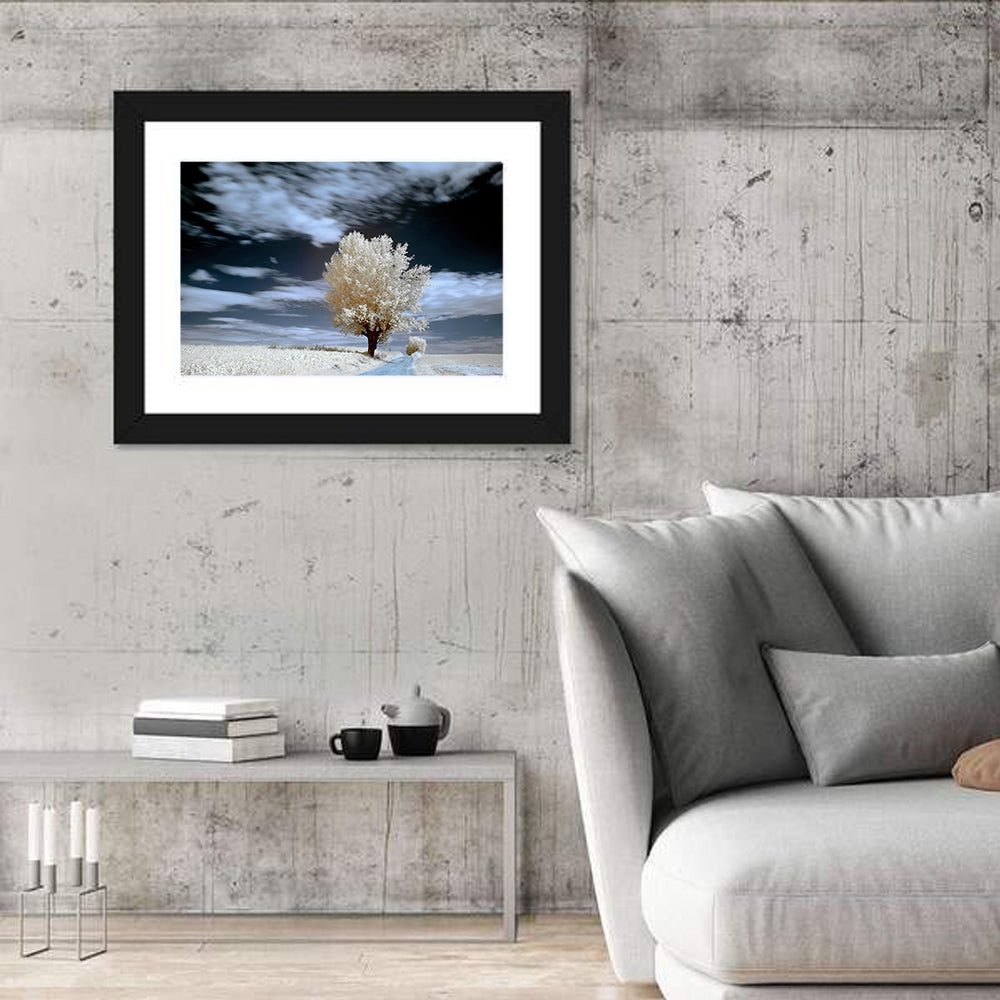 Infrared Winter Willow Tree Wall Art in a room, landscape