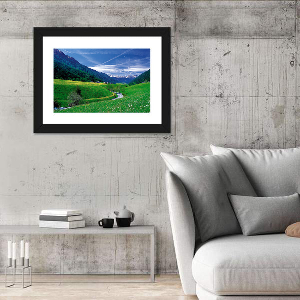 Snow-capped Peaks and Floral Meadow Wall Art in a room, landscape