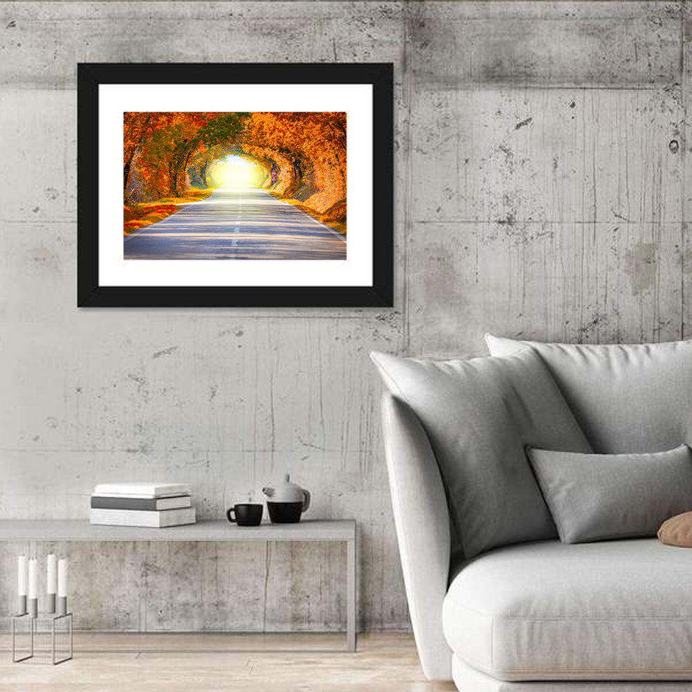Golden Autumn Tree Tunnel Wall Art in a room, landscape