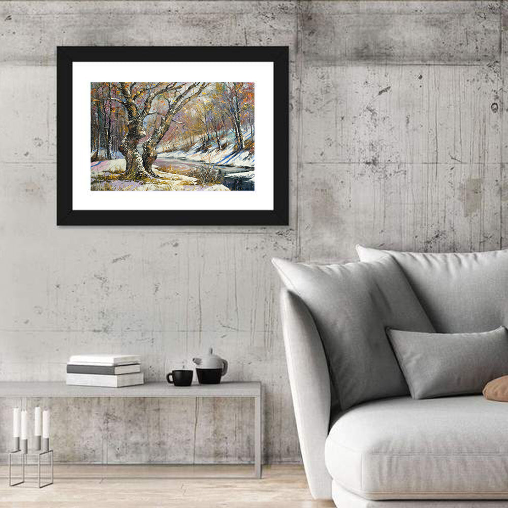 Frozen River in Winter Woodland Wall Art in a room, landscape