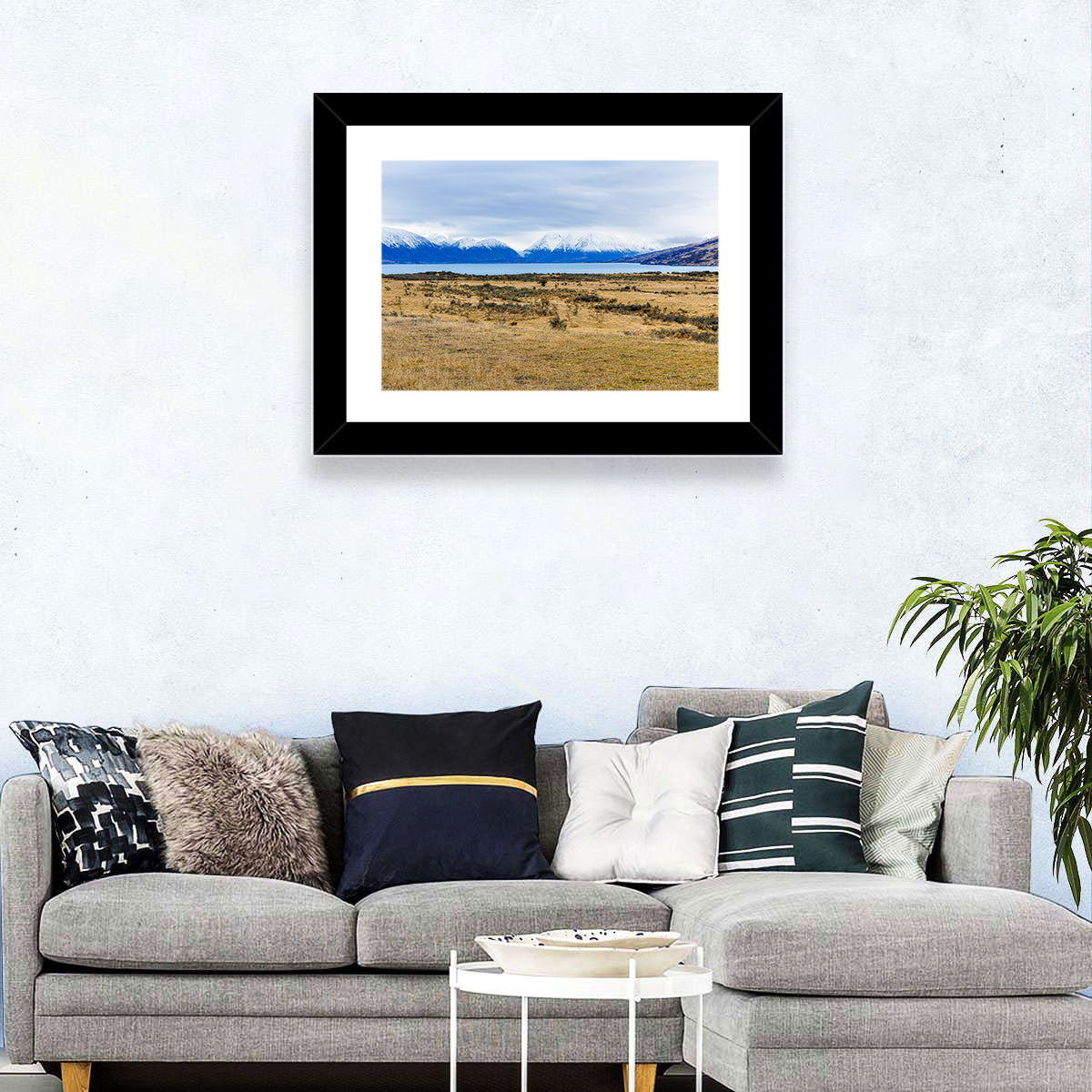 Snowy Peaks of Lake Ohau Wall Art in a room, landscape