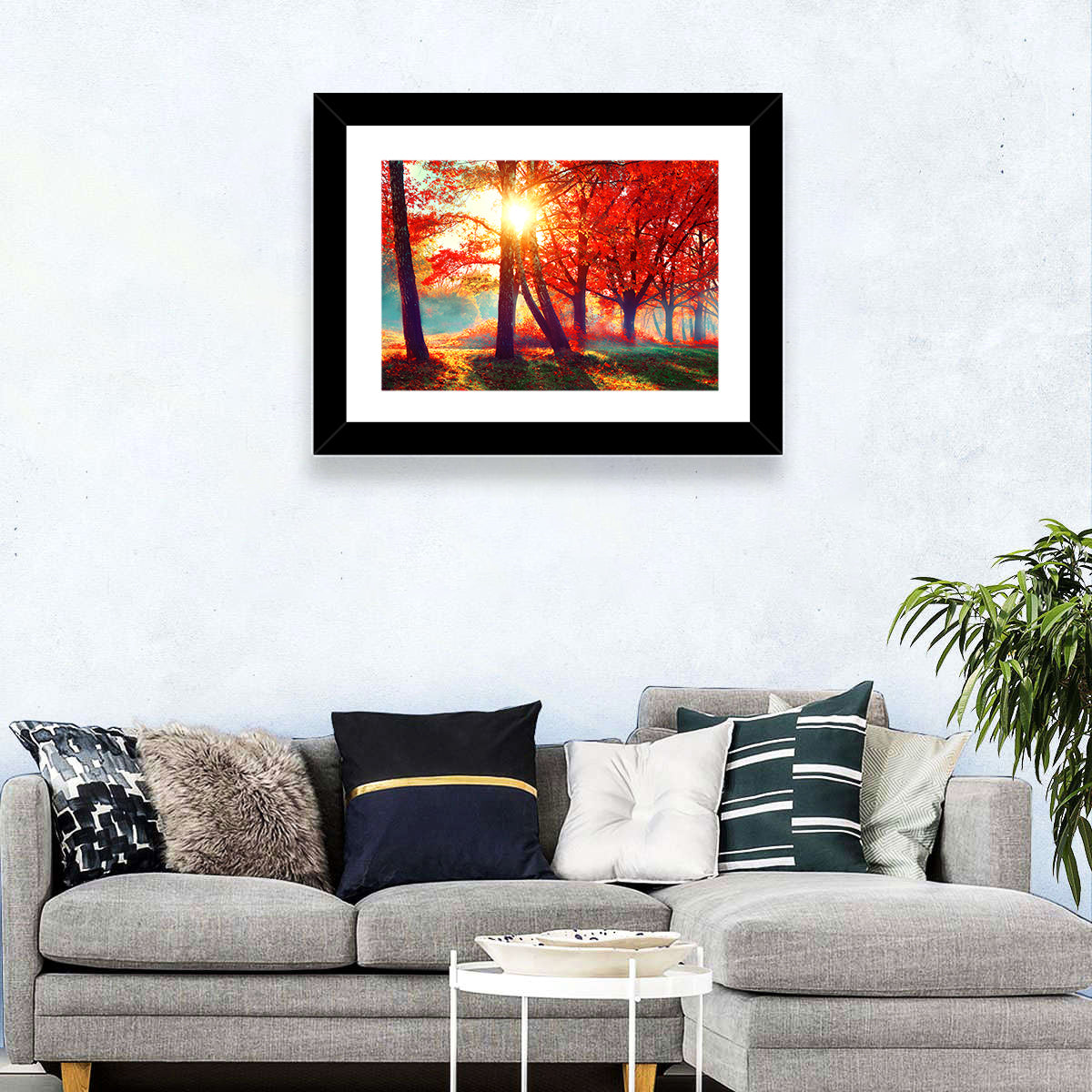 Autumn Park Sunrise Wall Art in a room, landscape