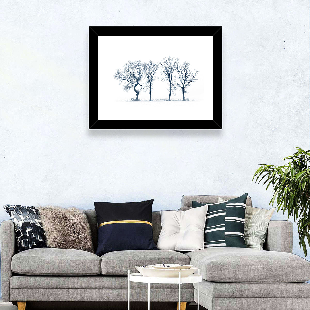 Four Bare Trees in Winter Wall Art in a room, landscape