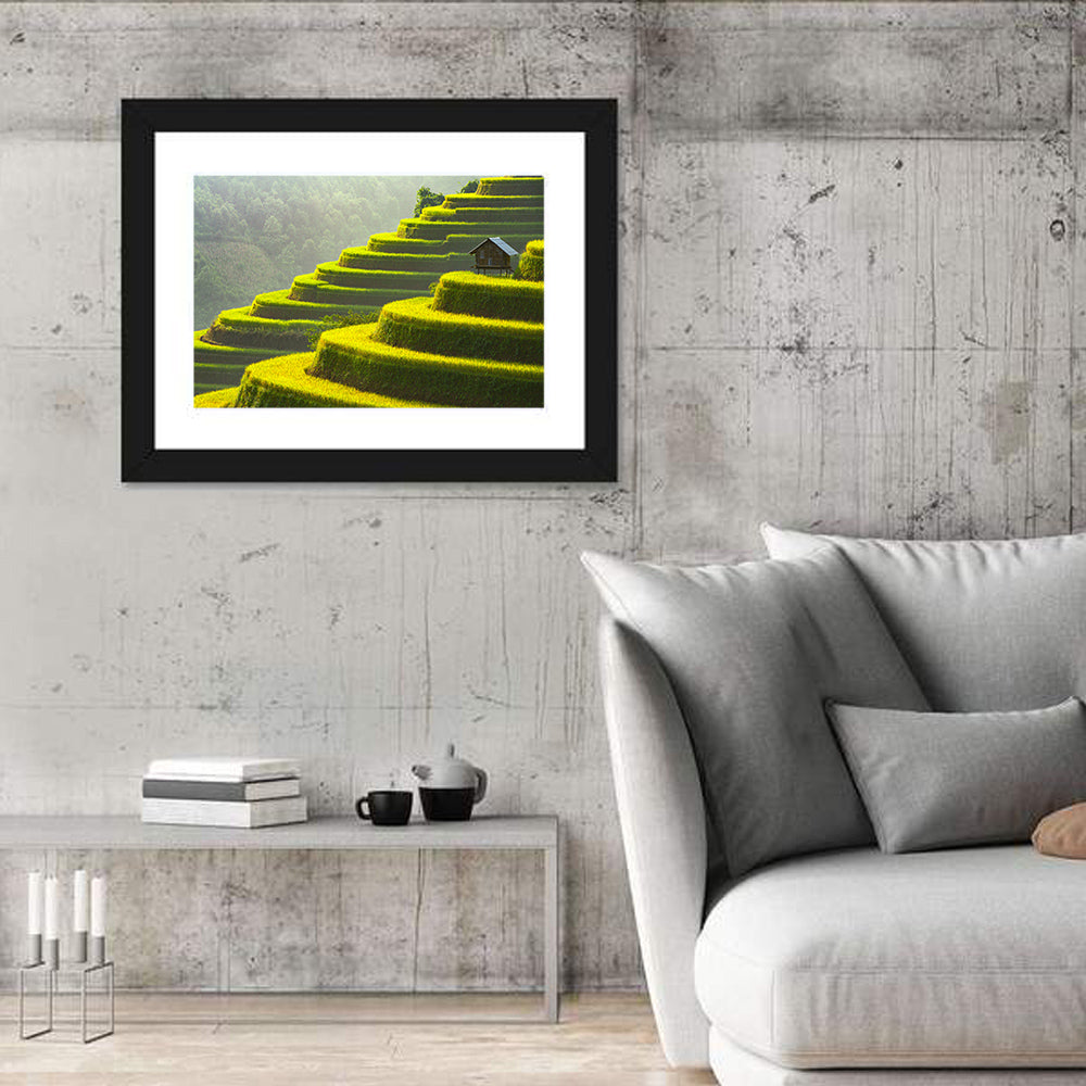 Golden Rice Terraces Wall Art in a room, landscape