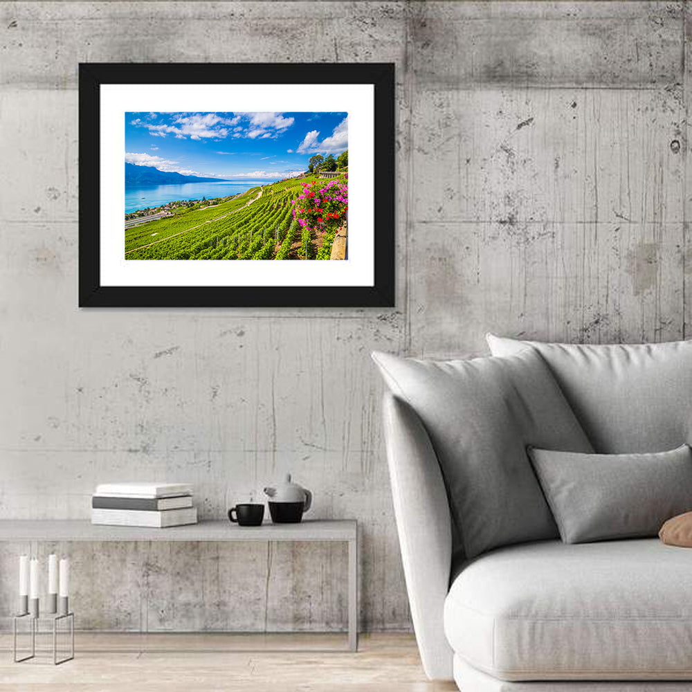 Lavaux Vineyard Terraces Over Lake Geneva Wall Art in a room, landscape