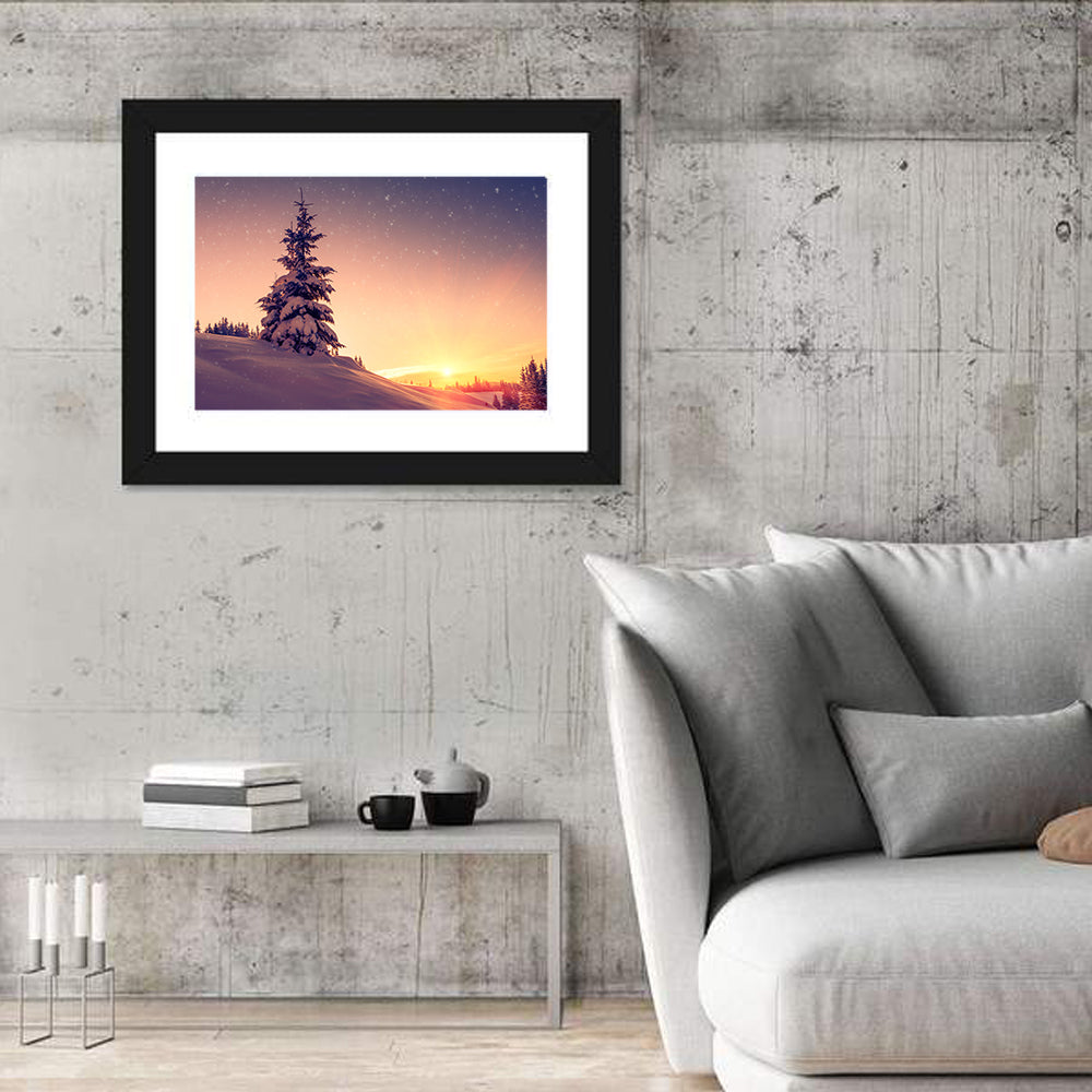 Snowy Sunset with Conifer Wall Art