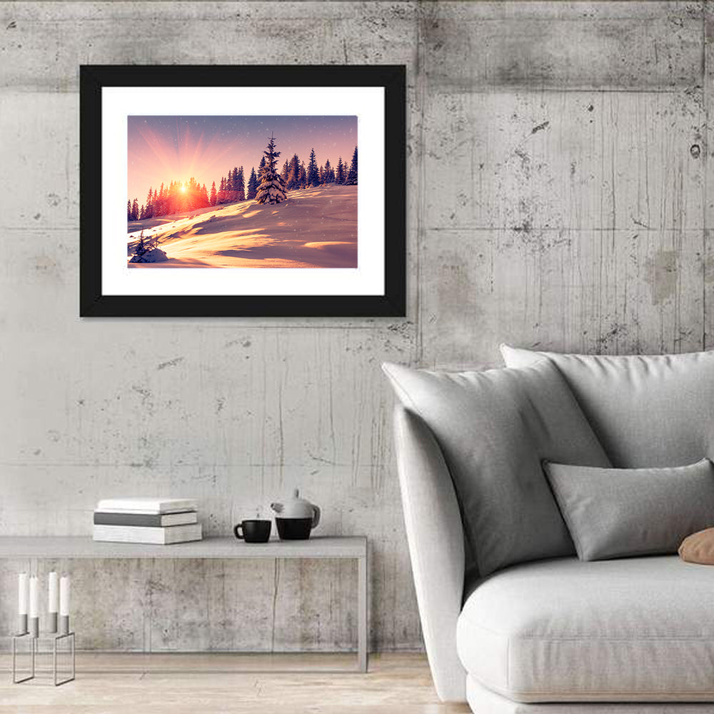 Winter Mountains Sunrise Wall Art in a room, landscape