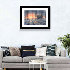 Snowy Forest Cabin at Sunset Wall Art