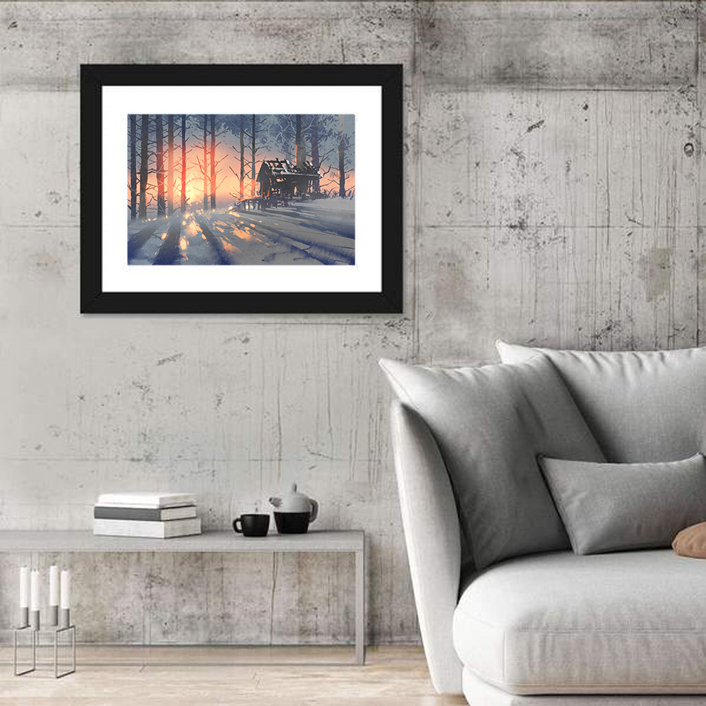 Snowy Forest Cabin at Sunset Wall Art in a room, landscape