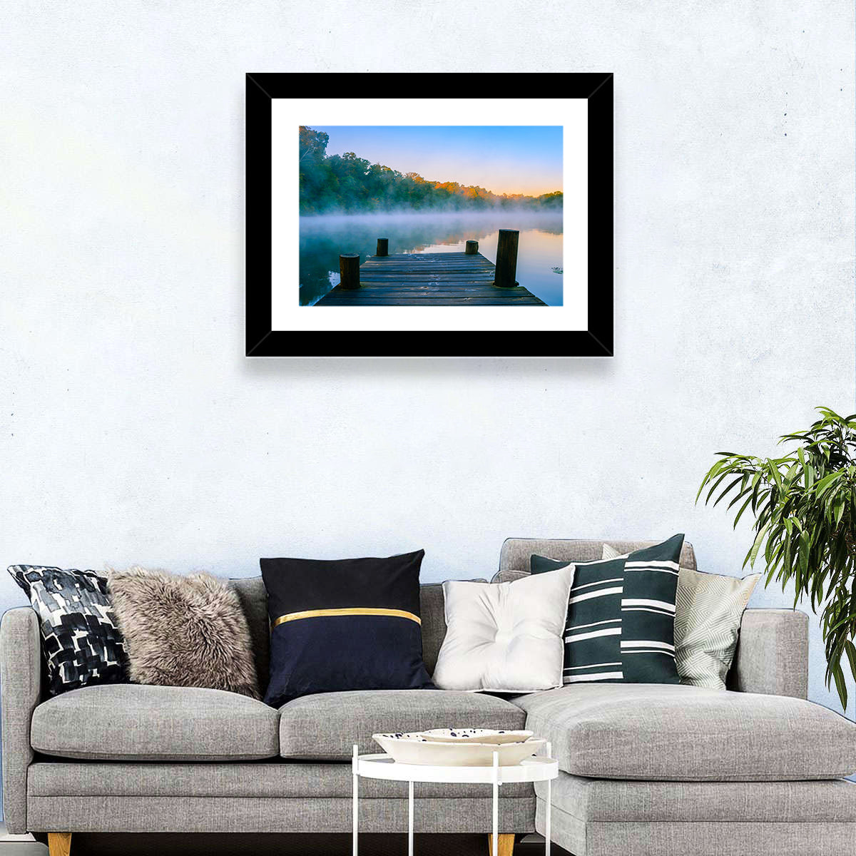 Misty Dock, Mt Saint Francis Wall Art in a room, landscape