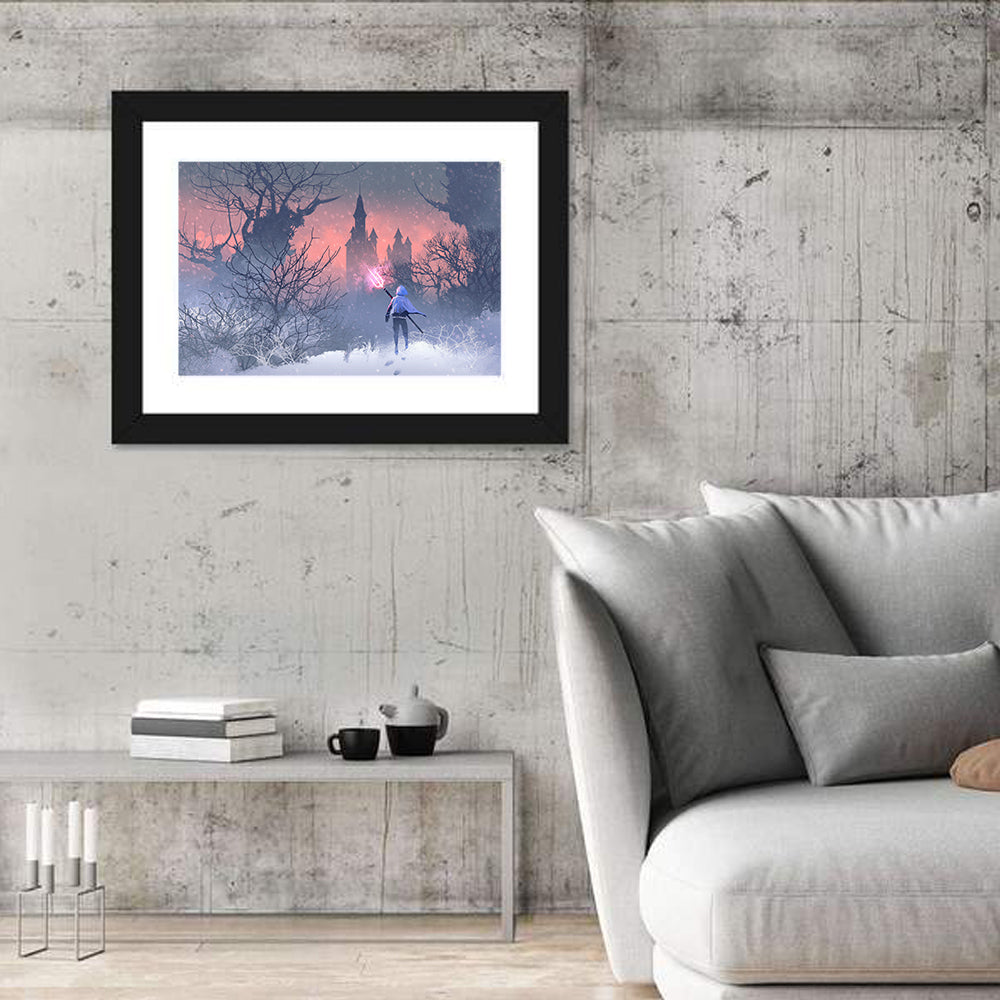 Knight with Glowing Trident Wall Art in a room, landscape